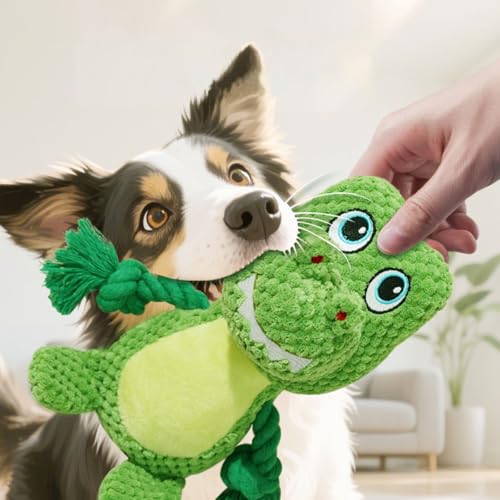 Cute Animals Interactive Squeaky Dog Toy with a Vocal Bladder, Crinkle Paper Stuffed Soft Cotton Chew Toy, Teething Rope Tug of War Pull Toy to Keep Them Busy for Puppy, Small Dogs - Green T.Rex - color: Green T.Rex