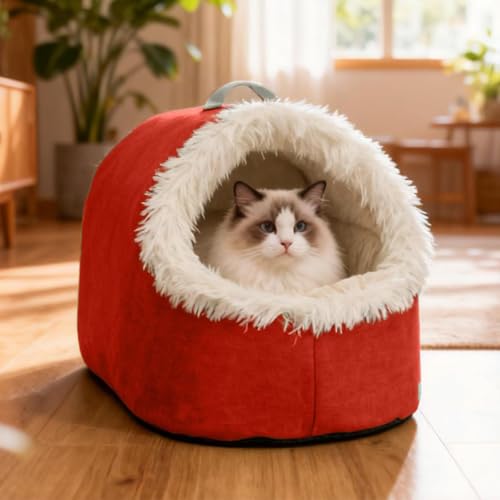Portable Warm Cat Cave Bed, Soft Plush Hooded Pet Calming Nest for Small Cats, Cat Sleep Bag for Indoor Cats, Washable Removable Inner Cushion for Winter Pets Under 20lbs (Red, Large) - color: Red, size: Large