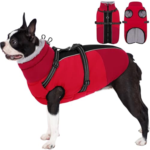 AOFITEE Dog Coat, Warm Dog Jacket with Harness Built-in, Waterproof Medium Dogs Cold Weather Coat with Zipper, Reflective Fleece Lined Pet Snow Jackets for Pug, Jack Russell, Boston Terrier, Red M - color: Red, size: Medium
