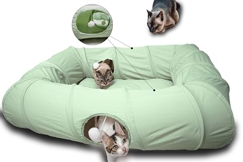 XxingSheep 4 Ways Shuttled XL Cat Tunnel Bed for Indoor Cats Peekaboo Cat Cave Donut with Cool Mat (Green) - color: Green, size: Extra Large