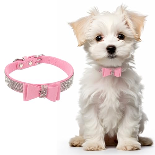 Cute Dog Collar with Bling Rhinestone, Bling Dog Collar Adjustable Leather Diamond Sparkling Jewel Accessories 17", (Pink), Intended for Teacup/Cat/Small Medium Large Pet - color: Pink, size: 17 Inch