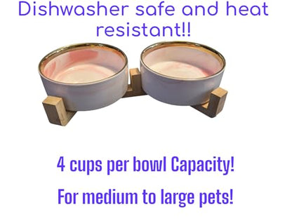 Ceramic Pet Bowl (Marble Design) Set of 2 with Stand, 2 Cups and 4 Cups Capacity (Marble Pink, Gold Rim, 950 ml (4 Cups) Medium) - color: 4. M-Marble pink Gold, Medium, 4 cups per bowl
