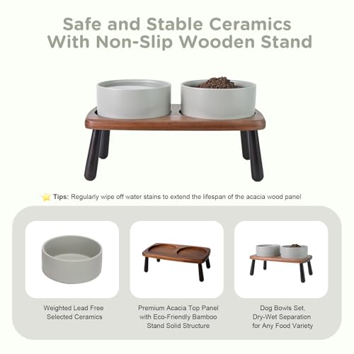 SPUNKYJUNKY Ceramic Elevated Dog Bowls Raised with Acacia Bamboo Wooden Stand, 6.1'' Dog and Cat Food Water Bowls Set Non-Slip for Small Medium Sized Breed Microwave Dishwasher Safe - 28.7 OZ,Grey - color: Grey, size: 6.1 in - Dual
