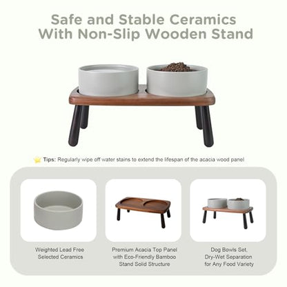SPUNKYJUNKY Ceramic Elevated Dog Bowls Raised with Acacia Bamboo Wooden Stand, 6.1'' Dog and Cat Food Water Bowls Set Non-Slip for Small Medium Sized Breed Microwave Dishwasher Safe - 28.7 OZ,Grey - color: Grey, size: 6.1 in - Dual