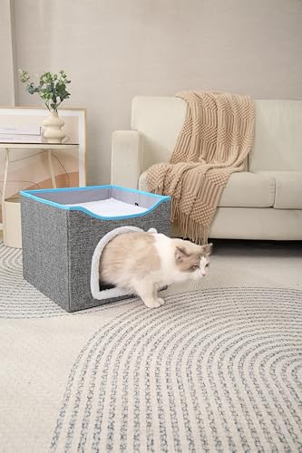 Modern Indoor Cat House Cube with Scratching Post and Play Ball, Easy to fold, disassemble, and Clean，Compact Pet Apartment for Small Cats (Dark Grey) - color: Dark Grey