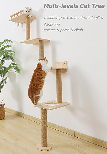 Cat Tree Wall Mounted with 4 Levels Shelves, 73" Wood Corner Tower Inside Kitten Scratching Post for Climbing,Perching and Lounging (Right to Left)