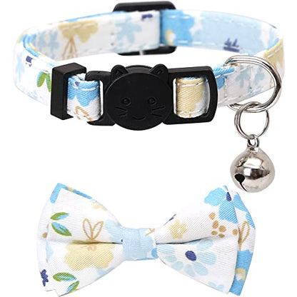 2 Pack/Set Cat Collar Breakaway with Cute Bow Tie and Bell Plaid Flower for Kitty Adjustable Safety - color: Blue-2
