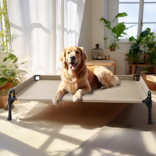 Veehoo Elevated Raised Dog Bed - Cooling Outdoor Dog Cot with Three-Sided Fence & Durable, Breathable Mesh - No-Slip Feet - 41" x 27" - Beige Coffee