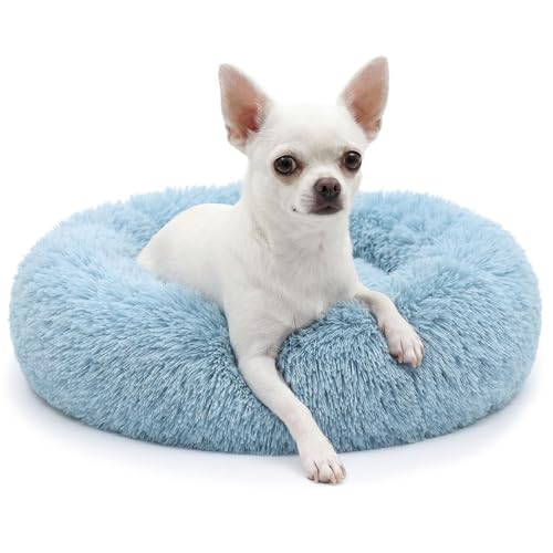 Calming Donut Dogs Beds for Small Dogs Washable,19inch Fluffy Round Puppy Bed for Puppies,Cats & Toy Breeds with Raised Rim,Fits up to 15 lbs Pets,Washed Blue - color: Lake Blue, size: 19 inches