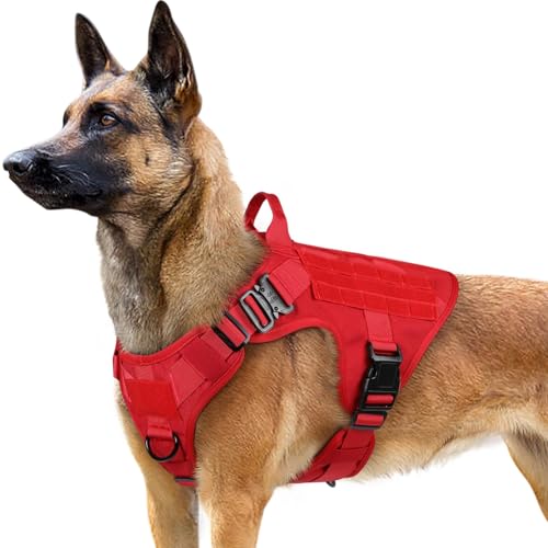 rabbitgoo Tactical Dog Harness for Large, Heavy Duty Pet Harness with Handle, No-Pull Service Vest Large Breed, Adjustable Military Dog Vest for Training Hunting Walking, Red, L - color: Red, size: Large