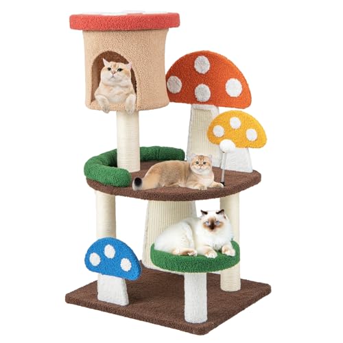 Tangkula Mushroom Cat Tree, Cute Cat Tower with Full-Wrapped Sisal Post, Scratching Board & Spring Ball, Cat Condo, Flower Cat Tree Tower for Indoor Cats Large Adult (40.5 Inch) - size: 40.5 Inch