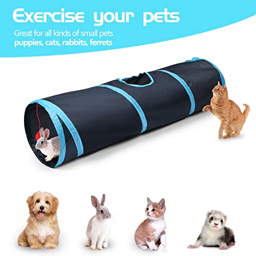Sheldamy Cat Tunnel, 2-Way Collapsible Play Tunnel, Interactive Toy Maze for Small Animals, Suitable for Kittens, Puppies, Rabbits, Ferrets, Blue & Black - color: 2 Way Blue & Black