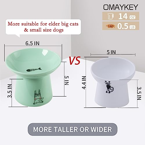 6.5 Inch Extra Wide Raised Cat Bowls, Ceramic Elevated Cat Bowl for Food and Water, Wide Shallow Cat Food Dish, Whisker Fatigue, Protect Spine, Lead & Cadmium Free, White & Green - color: White & Green