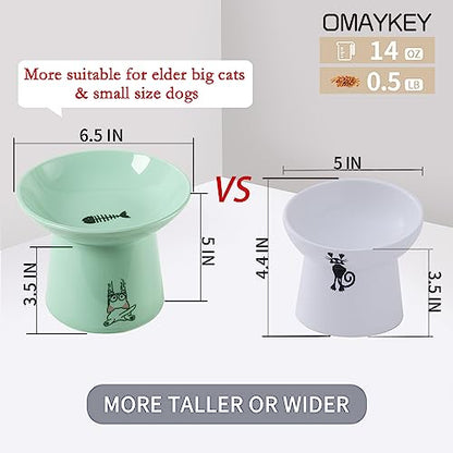 6.5 Inch Extra Wide Raised Cat Bowls, Ceramic Elevated Cat Bowl for Food and Water, Wide Shallow Cat Food Dish, Whisker Fatigue, Protect Spine, Lead & Cadmium Free, White & Green - color: White & Green