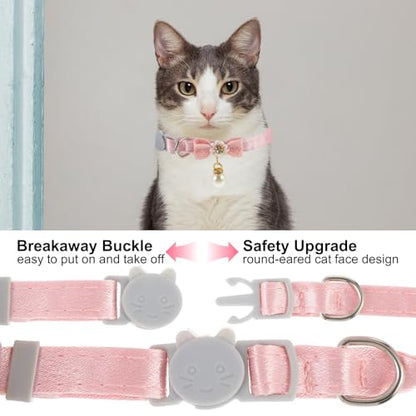 JJUNW Cat Collar Breakaway, Cat Collar with Pearl Pendant Quick Release Safe Buckle Pink Bowtie Adjustable Baby Kitten Collars Cute Cat Collar for Girl Cat (Style2)
