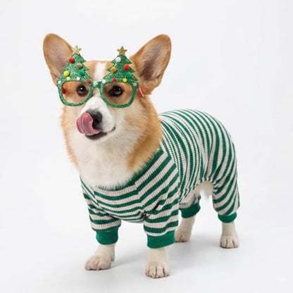 Fitwarm Green and White Striped Dog Pajamas, Waffle Dog Clothes for Small Dogs Girl Boy, Puppy Onesie with Feet, Pet Cat Outfit, Large - color: Green, size: Large