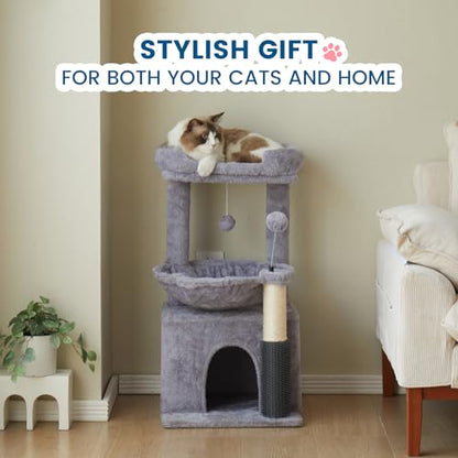 Cat Tree for Indoor Cats, 32 Inch Tall Cat Tower with Hammock, 2 Condos, Plush Perch & Sisal Scratching Posts, Multi-Level Kitten Activity Center for Small Medium Cats, Grey