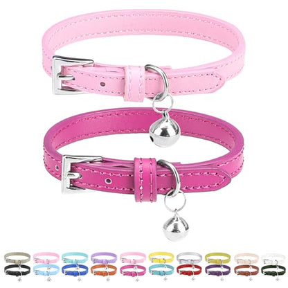 PUPTECK 2 PCS Soft Genuine Leather Cat Kitten Collar with Bells Adjustable for Girl Boy Cats Puppy, Rose Pink - color: Rose&Pink