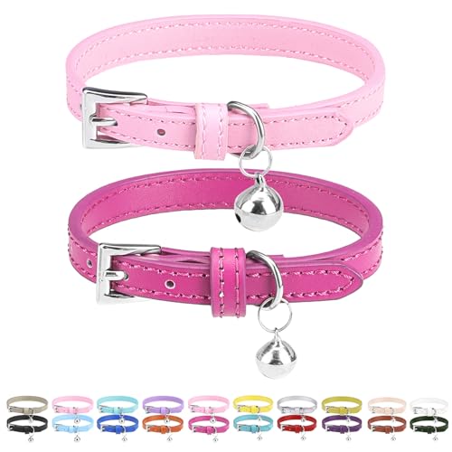 PUPTECK 2 PCS Soft Genuine Leather Cat Kitten Collar with Bells Adjustable for Girl Boy Cats Puppy, Rose Pink - color: Rose&Pink