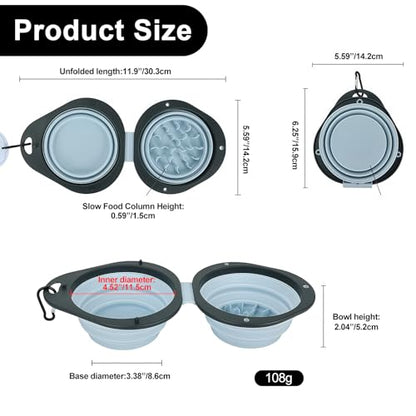 Blue Collapsible Dog Bowls with Carabiner 2-in-1 Foldable Slow Food Bowl(130g)&Water Bowl(320ml) for Dogs and Cats Travel - color: Blue