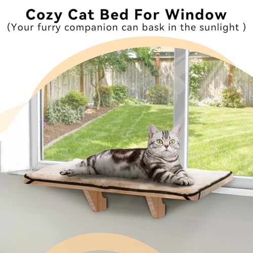 PETSFIT Cat Window Perch, Natural Solid Wood Cat Hammock with Removable Fleece Mat, Easy to Assemble Window Perch for Large Cats, Fits Windowsill, Bedside & Drawer