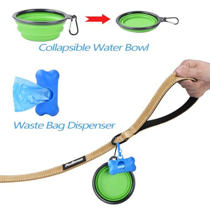 Double Dog Leash, No Tangle Dual Leash, Reflective Walking Training Lead, 4 Comfortable Padded Handles for 2 Dogs with Collapsible Bowl and Waste Bags (Light Khaki, Large) - color: Light Khaki
