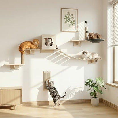 Cat Wall Shelves, Modern Wall-Mounted Cat Furniture Includes House, Bridge, Steps, Scratcher, Perch & Lounge for Indoor Cats, Space-Saving Wall Mounted Cat Shelves for Play & Rest - size: 6-in-1 Cat Shelves