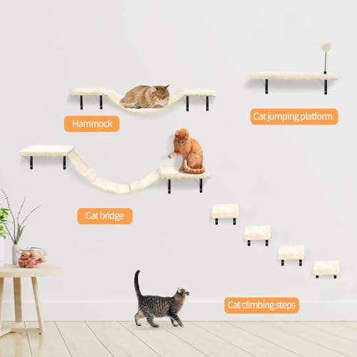 Wall-Mounted Cat Climber Set with Climbing Shelves, Perches, Bridge,Hammock,Scratching Board & Ball - 7 Pcs Wood Indoor Cat Furniture for Kittens Play (Dark Grey) - color: dark grey