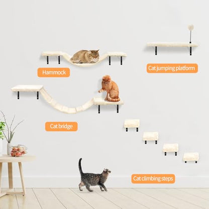 Wall-Mounted Cat Climber Set with Climbing Shelves, Perches, Bridge,Hammock,Scratching Board & Ball - 7 Pcs Wood Indoor Cat Furniture for Kittens Play (Grey) - color: Grey