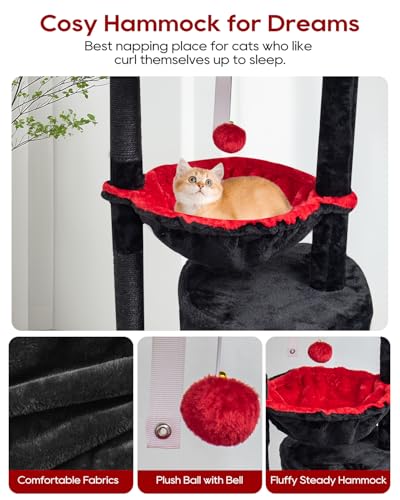SYANDLVY Gothic Cat Tree with Coffin Bed for Indoor Cats, Small Cat Tower with Scratching Post, Modern Activity House Condo with Cradle, Kittens Cave, Black & Red - color: Black & Red