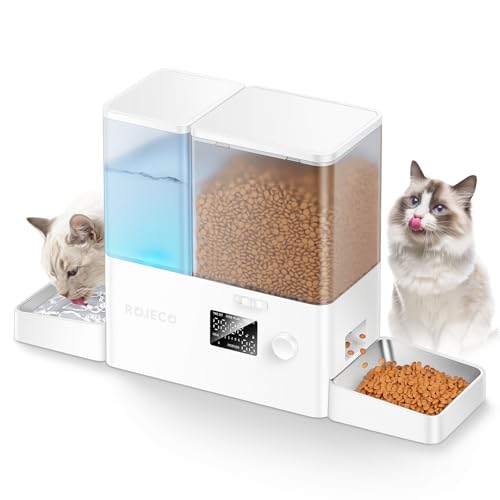 ROJECO Automatic Cat Feeder and Water Dispenser,36Cups/8.5L 2-in-1 Stainless Steel Bowls Large Capacity Cat Food Dispenser and Gravity Water Fountain for Cats Small Dogs Puppies Kittens Pets - color: White, size: 8.5L-Standard