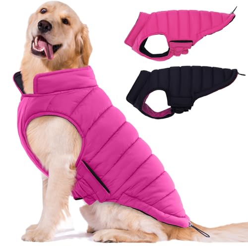 Lelepet Reversible Dog Coat Waterproof Dog Jacket Windproof Puffer Vest for Winter Warm Lightweight Coats for Medium Dogs Adjustbale Hook & Loop Pet Apparel with Leash Hole, French Bulldog, Rose Red L - color: Rose Red, size: L