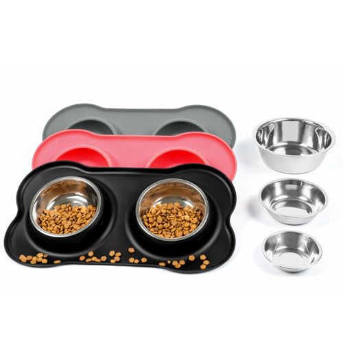 Conlun Dog Bowls with Silicone Feeding Mat, No Spill Food Water Dish Set, Dishwasher Safe, 2 Stainless Steel Puppy Bowls, Suitable for Tiny Dogs Kittens Cats Rabbits Pets under 8lbs, Extra Small,Black - color: Black, size: Extra Small-5 oz