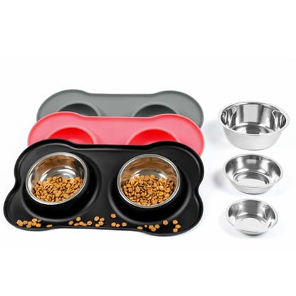 Conlun Dog Bowls with Silicone Feeding Mat, No Spill Food Water Dish Set, Dishwasher Safe, 2 Stainless Steel Puppy Bowls, Suitable for Tiny Dogs Kittens Cats Rabbits Pets under 8lbs, Extra Small,Black - color: Black, size: Extra Small-5 oz