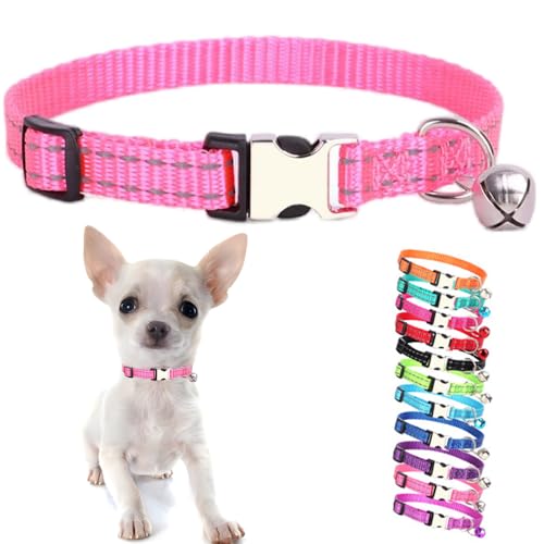 Pink Puppy Collar with Bell, Reflective Nylon XS Dog Collars Soft Adjustable Buckle for XXS XSmall Small Dogs Tiny Pets Cats Boy Girl Kitten Yorkie Chihuahua X-Small - color: Pink