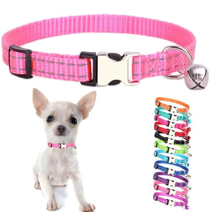 Pink Puppy Collar with Bell, Reflective Nylon XS Dog Collars Soft Adjustable Buckle for XXS XSmall Small Dogs Tiny Pets Cats Boy Girl Kitten Yorkie Chihuahua X-Small - color: Pink