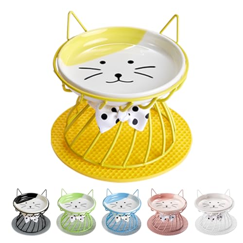 Elevated Cat Bowls with Non-Slip Metal Stand - Raised Food and Water Bowls, Fits Cats & Small Dogs - Dishwasher Safe - color: Yellow