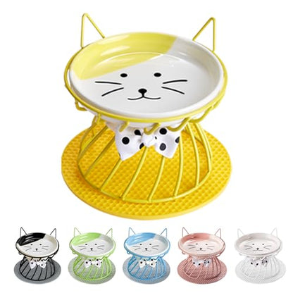 Elevated Cat Bowls with Non-Slip Metal Stand - Raised Food and Water Bowls, Fits Cats & Small Dogs - Dishwasher Safe - color: Yellow