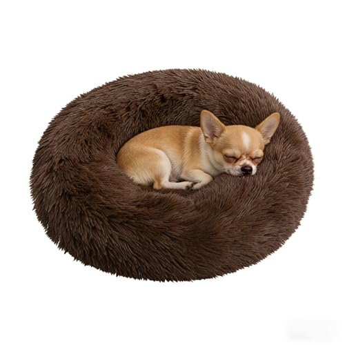 Calming Donut Dog Beds for Small Dogs Kitten - Washable Removable Cover Non-Slip Bottom, Round Pet Bed Puppy Bed Warming Fluffy Faux Fur Anti-Anxiety, Fits up to 15 lbs (Coffee, 20") - color: Coffee, size: 20"L x 20"W x 8"Th