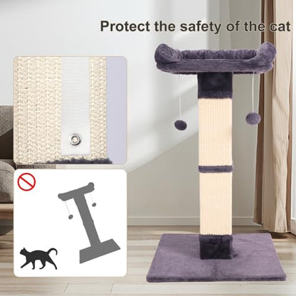 34" Cat Scratching Post for Indoor Cats, Sisal Cat Scratcher with Large Plush Perch, Vertical Posts with Elevated Bed and with Two Dangling Balls, Removable & Washable Cover, Dark Grey - color: Dark grey
