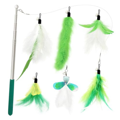 Cat Feather Toys Wand - 7 Pcs Interactive Cat Toys for Indoor Cats Kittens, Retractable Cat Wand with 6 Feather Teaser Refills with Bell, Cats Fishing Pole Toy, Green - color: Green