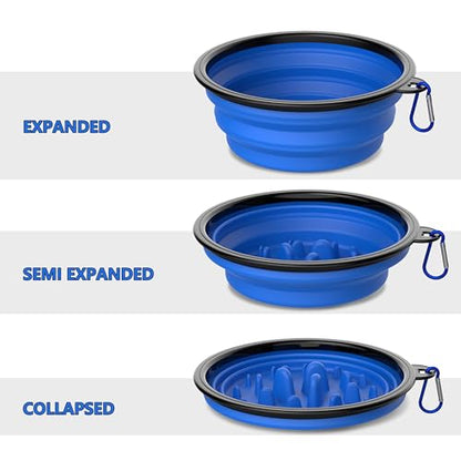 2 Pack [Slow Feeder Design + Regular], Collapsible Dog Bowl Travel Portable Pet Bowls, [34oz,1000ml] Foldable Food Water Feeding Dishes for Traveling Hiking Walking with Carabiners [Blue,Red] - color: Blue+Red