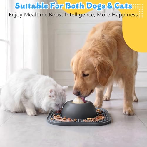 Slow Feeder Dog Bowls & Lick Mat for Liquid and Thick Treat, Anti-Slip Dog Lick Bowl with Interactive Rolling Ball, 5/6 Cup Pup Licking Toy for Large Medium Small Dogs and Cats Gray - color: Gray