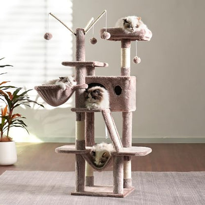 Hey-brother Cat Tree, 53 inch Cat Tower for Indoor Cats, Cat House with Padded Platform Bed, Toy Balls, Large Cozy Condo, Hammocks and Sisal Scratching Posts, Muchroom MPJ019-SMU - color: Muchroom