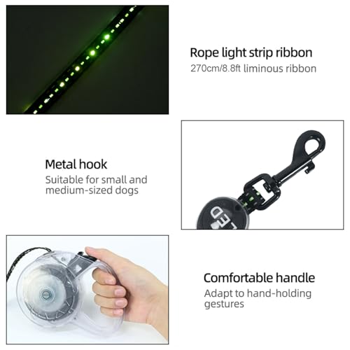 Luwint LED Dog Leash Retractable 8.8ft - Light Up Dog Leashes for Night Walking, USB Rechargeable Waterproof Lighted Leash with 3 Modes Green Light