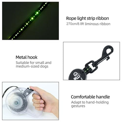 Luwint LED Dog Leash Retractable 8.8ft - Light Up Dog Leashes for Night Walking, USB Rechargeable Waterproof Lighted Leash with 3 Modes Green Light