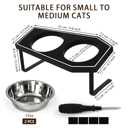 Cat Food Bowls Elevated, Gothic Cat Bowls, Raised Cat Bowls for Indoor Cats with Non-Slip Stand & Wood Board, Stainless Steel and Whisker Friendly Food Bowls - size: Cat Bowls x2