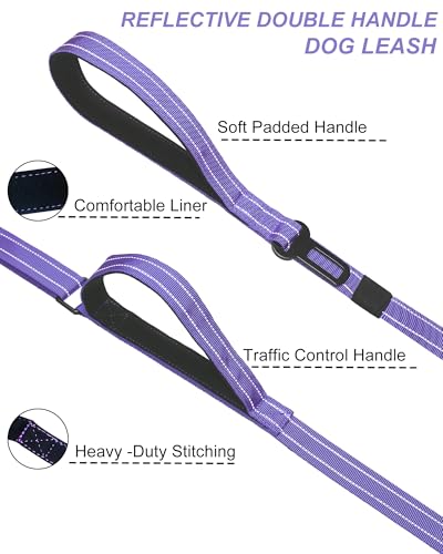 AUBELL Double Handle Tactical Dog Leash Heavy Duty for Small and Medium Large Dogs,Reflective Adjustable Nylon Leash that Pull with Car Seatbelt for Training,4.5-6FT,Purple - color: No bungee-Purple(4.5-6FT)
