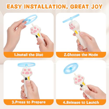 Cat Chase Fetch Toy - Rechargeable Disc Launcher with 6 Flying Spinners - Best Interactive Pet Hunting Toys for Indoor Outdoor Yard Cats Dog (White) - color: White