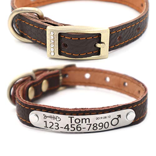 Personalized Leather Cat Collar,Custom with Name Plate and Bell for Boy and Girl Kitten/Cat(XXS,Brown) - color: Brown, size: XXS